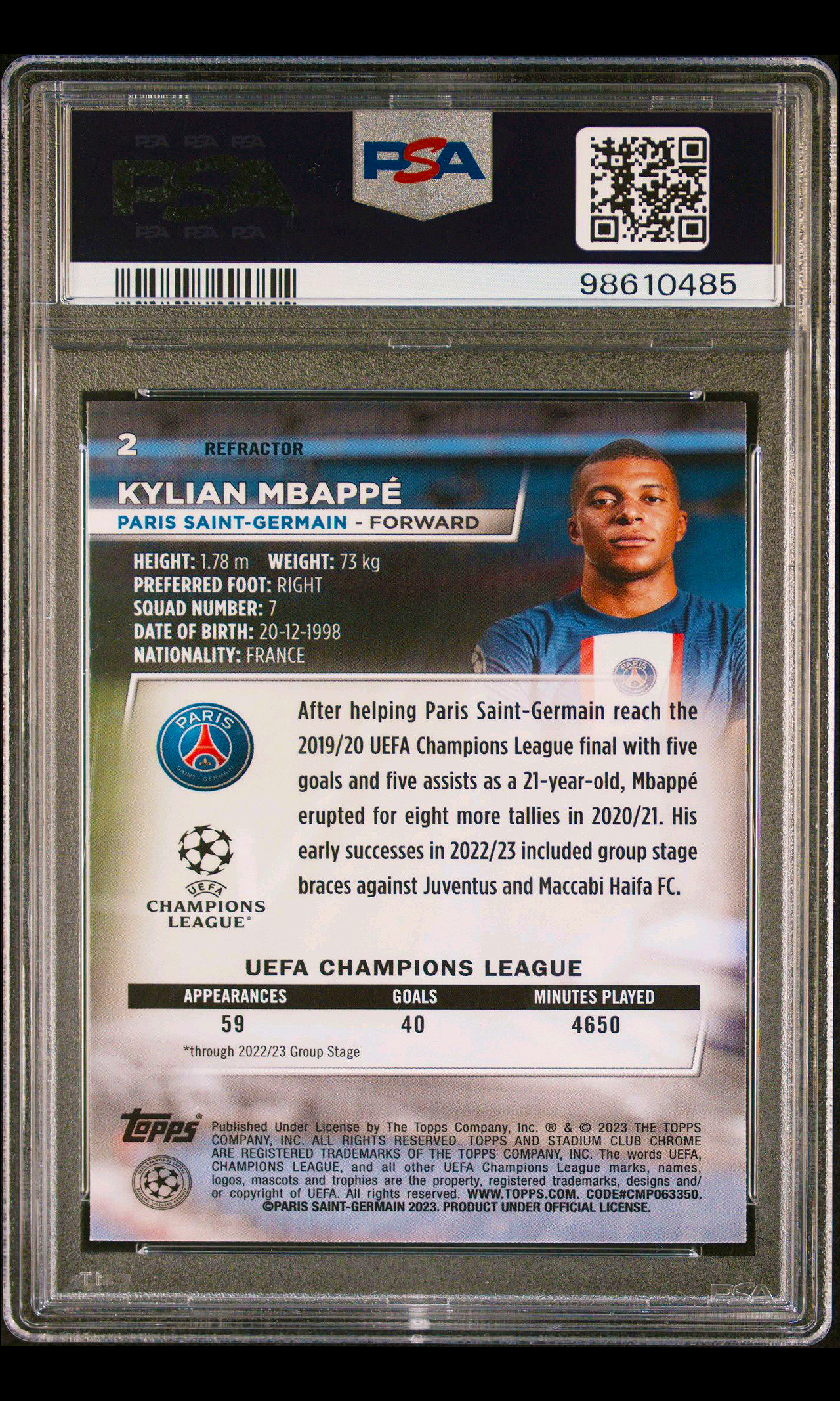 23 Topps Stadium Club Chrome Soccer - #2 Kylian Mbappe (Refractor - PSA 10)