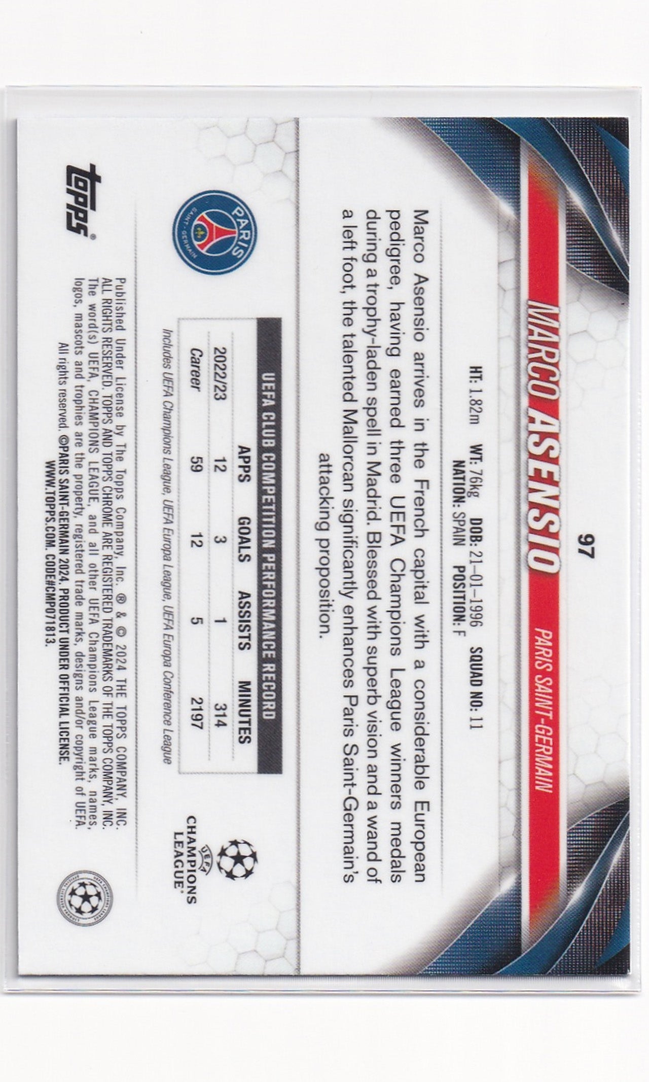 23 Topps Chrome Soccer - #97 Marco Asensio (131/150 - Shimmer Blue Refractor)