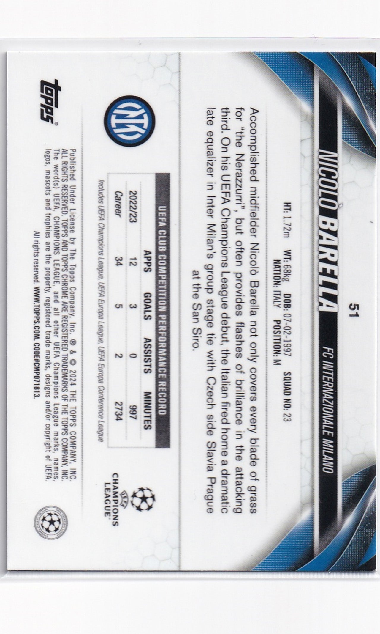 23 Topps Chrome Soccer - #51 Nicolo Barella (167/299 - Violet Speckle Refractor)