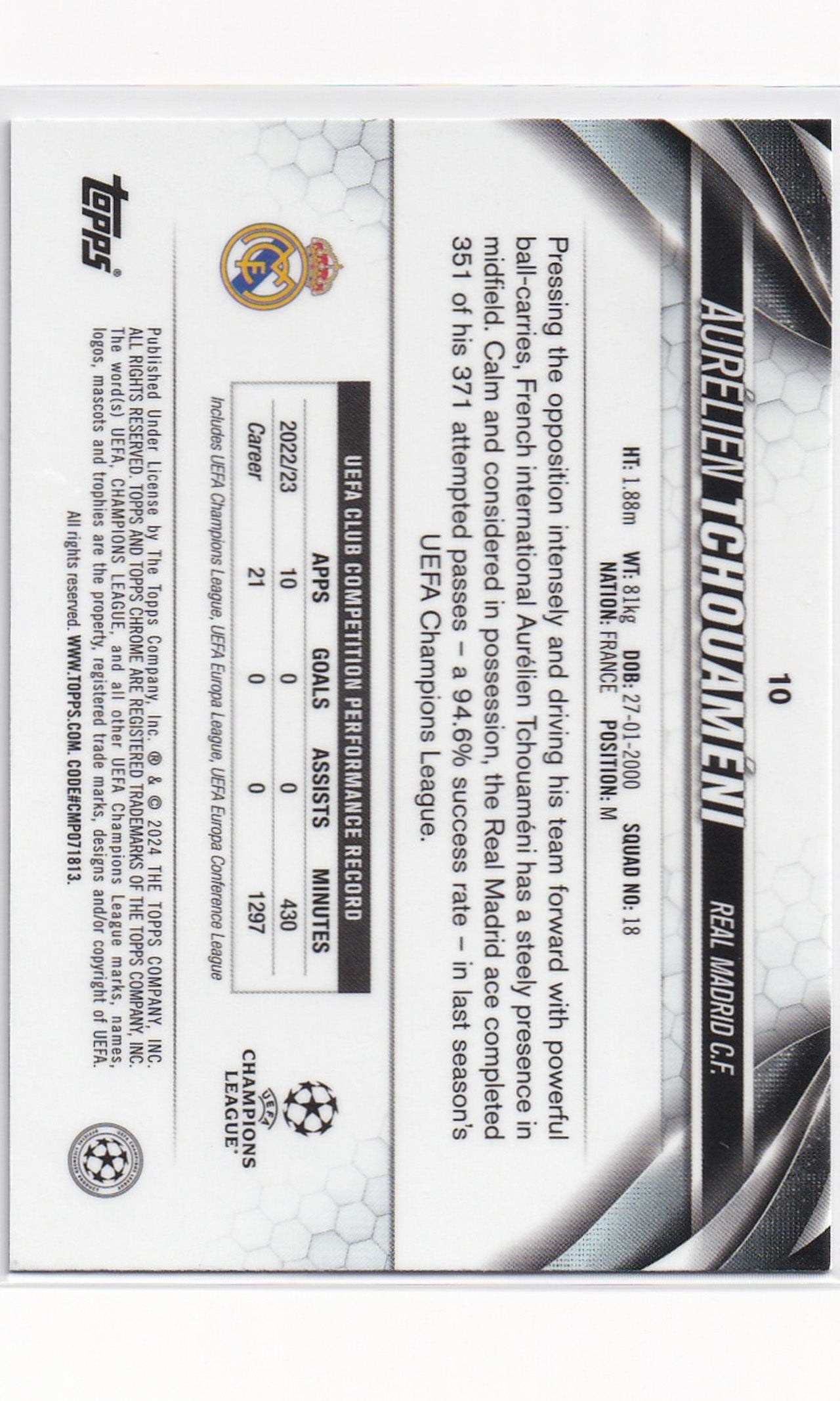 23 Topps Chrome Soccer - #10 Aurelien Tchouameni